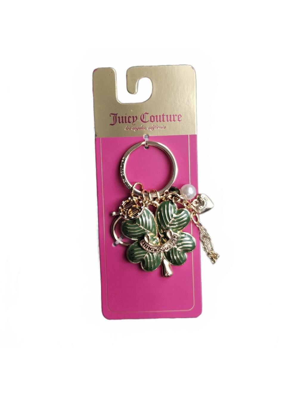 Juicy Couture Lucky Clover Keychain Bag Charm Green Bead, Gold,  Pearl, JC Logo